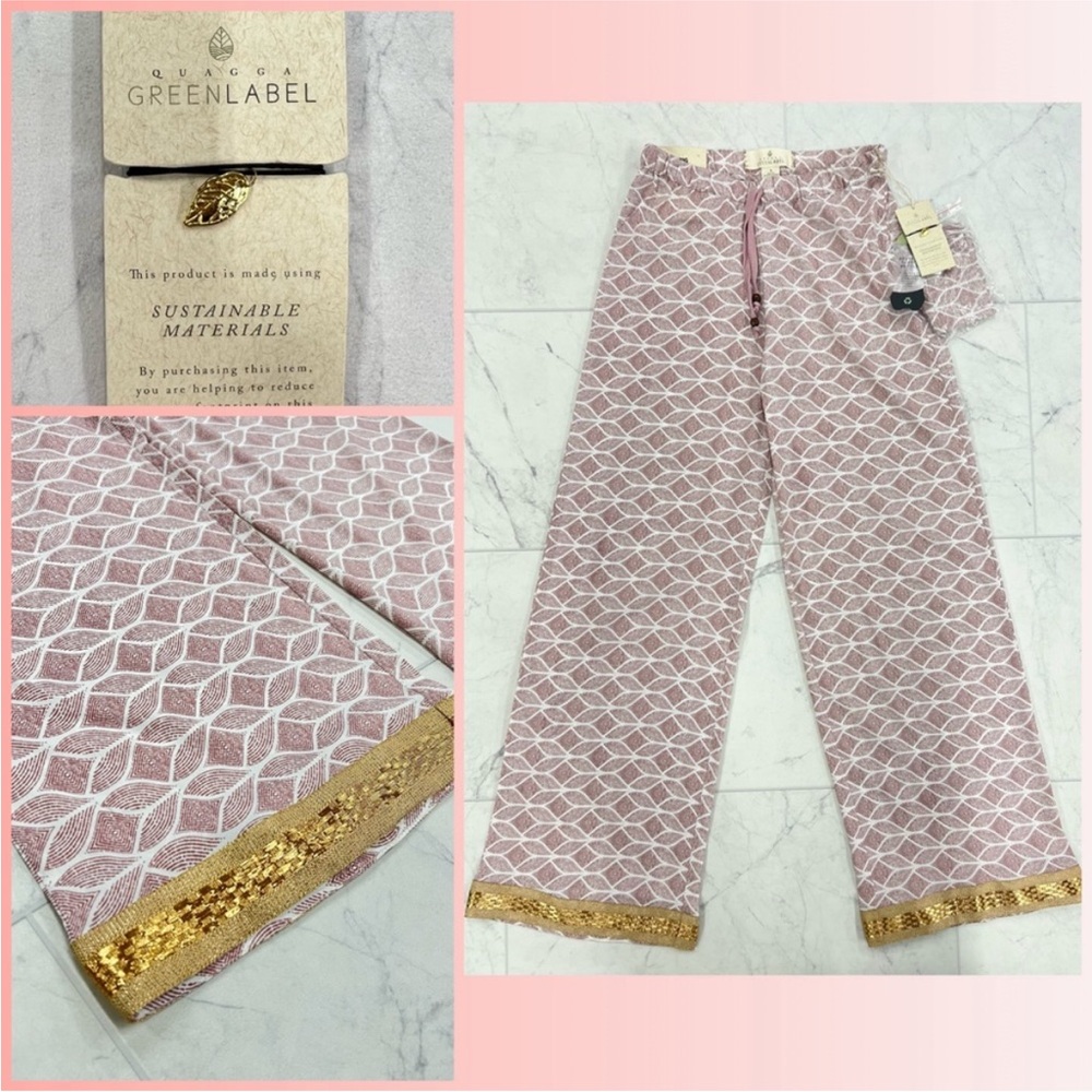 NEW! QUAGGA GREEN LABEL Packable Wide Leg Lounge Pants S (4-6) Pink Ivory Gold